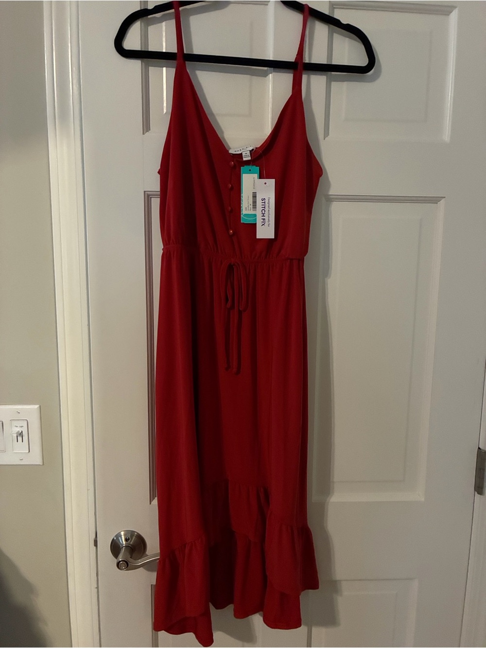 Gilli Red Spaghetti-Strap Midi Dress with Ruffle Hem